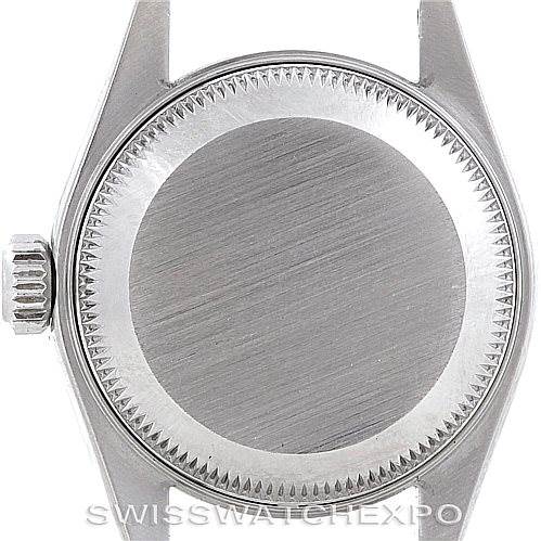 This image shows the case back of a Rolex Date 79160 Women's Stainless Steel Pink Dial 79160 Women's Stainless Steel Pink Dial model watch from a rear angle, including the crown and case.