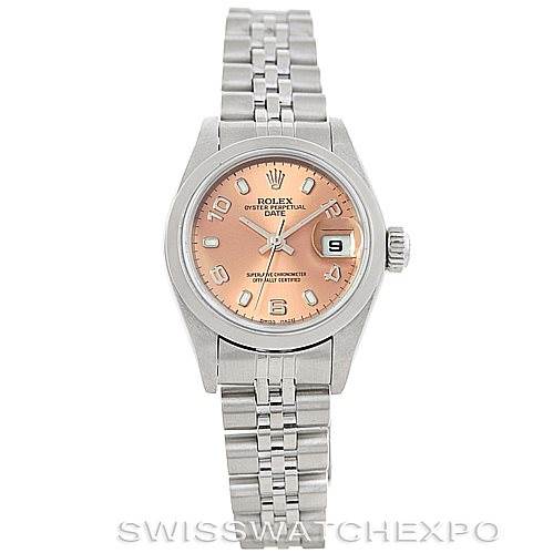 The image shows a front view of a Rolex Date 79160 Women's Stainless Steel Pink Dial 79160 Women's Stainless Steel Pink Dial model watch, featuring its dial, case, and bracelet.