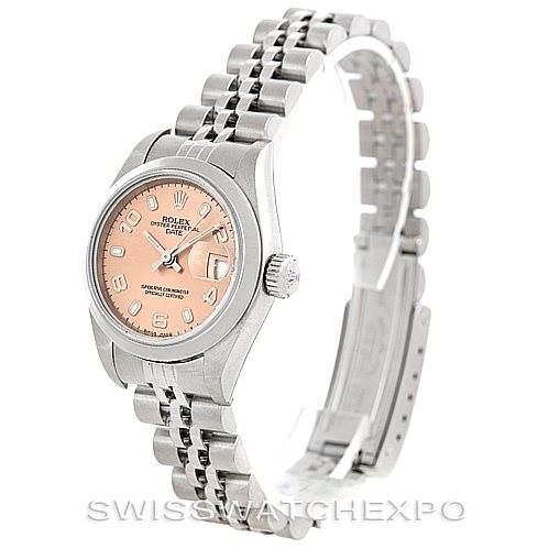 The image shows a side view of a Rolex Date 79160 Women's Stainless Steel Pink Dial 79160 Women's Stainless Steel Pink Dial model watch, highlighting its pink dial, stainless steel case, and Jubilee bracelet.