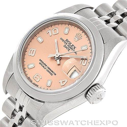 This image shows a Rolex Date 79160 Women's Stainless Steel Pink Dial 79160 Women's Stainless Steel Pink Dial model watch at a frontal angle, highlighting its dial, bezel, crown, and part of the bracelet.