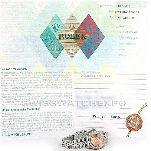 The image shows a Rolex Date 79160 Women's Stainless Steel Pink Dial 79160 Women's Stainless Steel Pink Dial model watch, an official warranty, and certification documents.