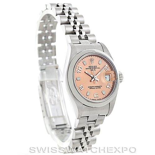The image shows a Rolex Date 79160 Women's Stainless Steel Pink Dial 79160 Women's Stainless Steel Pink Dial model watch, angled to display the face, bezel, bracelet, and part of the clasp.