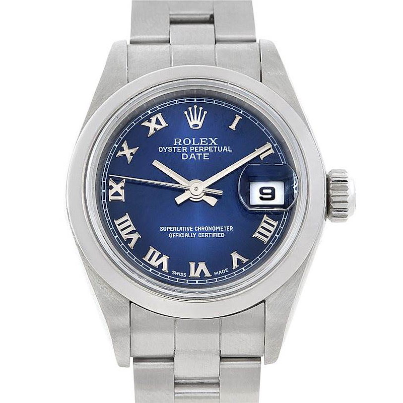 Rolex Date Blue Roman Dial Ladies Steel Watch 79240 SwissWatchExpo