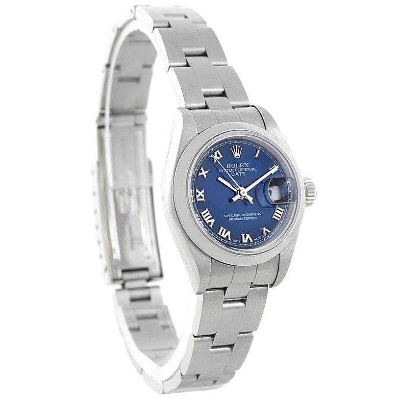 The image shows a Rolex Date 79240 Women's Stainless Steel Blue Dial 79240 Women's Stainless Steel Blue Dial model watch at a slight angle, highlighting the dial, bezel, and metal bracelet.