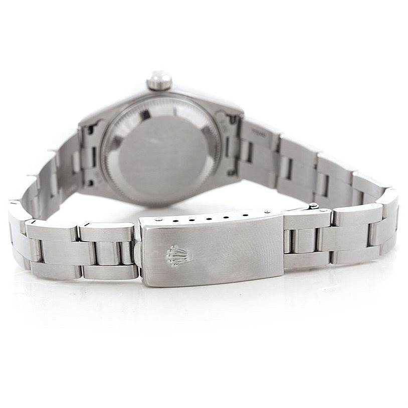 This image shows the back view and bracelet of a Rolex Date 79240 Women's Stainless Steel Blue Dial 79240 Women's Stainless Steel Blue Dial model watch displaying the clasp and case back.