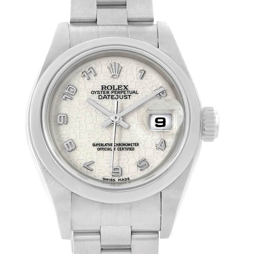The image shows a front view of the Rolex Date 79160 Women's Stainless Steel Beige Dial 79160 Women's Stainless Steel Beige Dialjust watch, highlighting the dial, bracelet, crown, and date window.