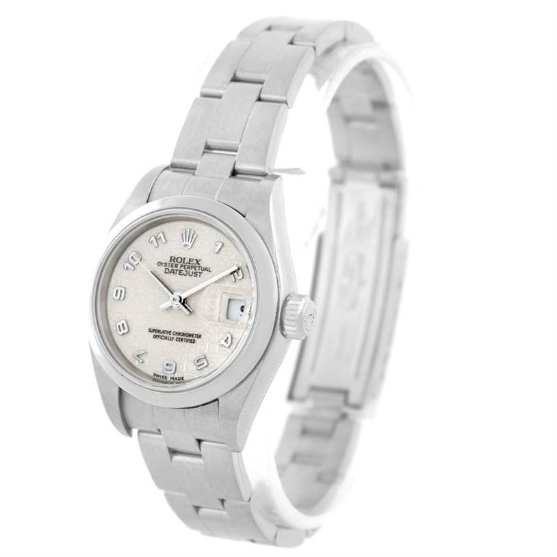 The Rolex Date 79160 Women's Stainless Steel Beige Dial 79160 Women's Stainless Steel Beige Dial model watch is shown at a slight angle, displaying the face, band, and partial crown.