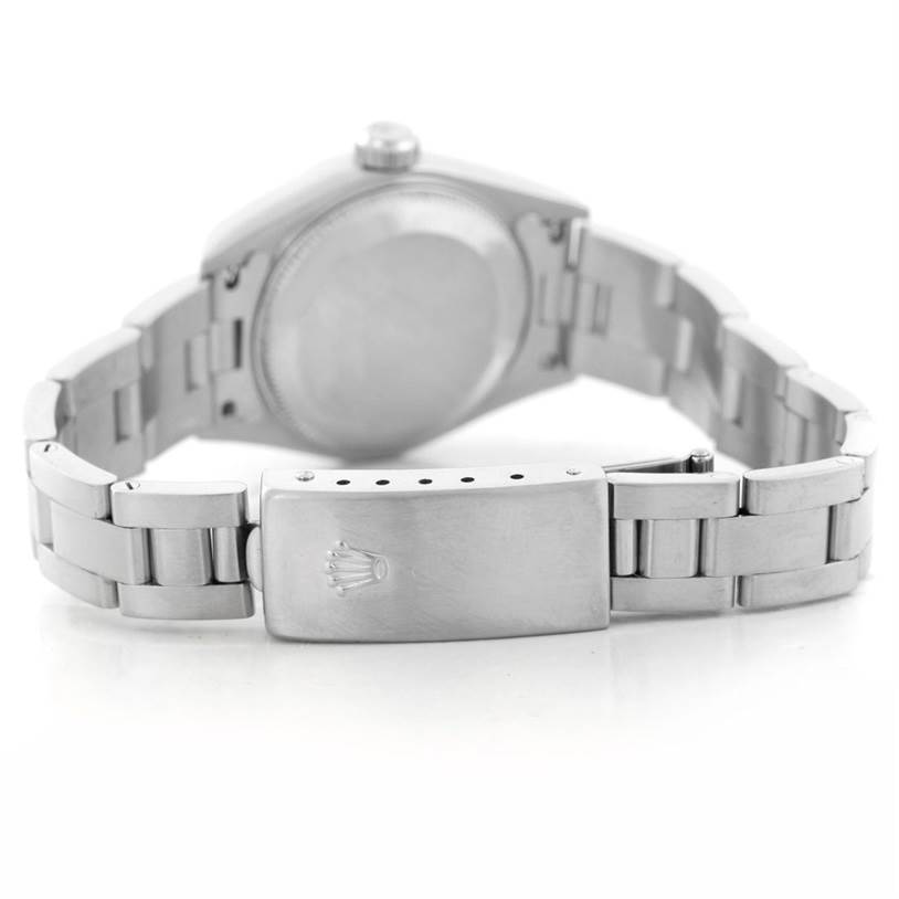 The image shows a Rolex Date 79160 Women's Stainless Steel Beige Dial 79160 Women's Stainless Steel Beige Dial model watch from the back, highlighting its bracelet and clasp.