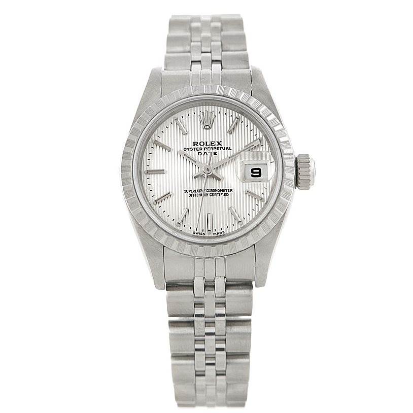 This image shows the front view of a Rolex Date 79240 Women's Stainless Steel Silver Dial 79240 Women's Stainless Steel Silver Dial model watch, displaying its dial, bracelet, bezel, and crown.