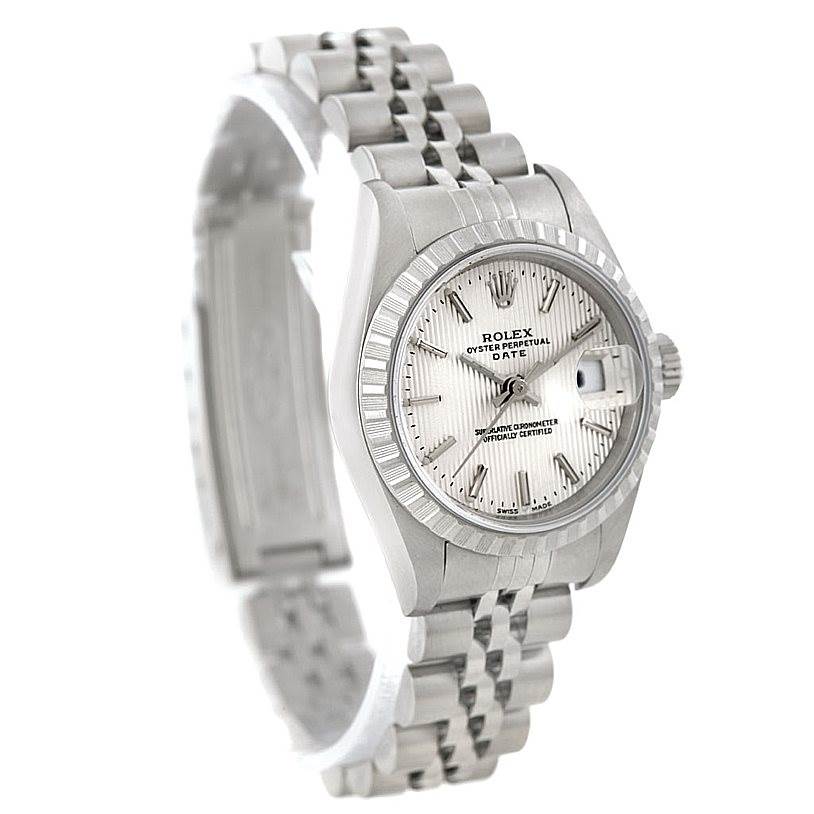 The image shows a Rolex Date 79240 Women's Stainless Steel Silver Dial 79240 Women's Stainless Steel Silver Dial model photographed from a slightly tilted side angle, highlighting the face, bezel, and bracelet.