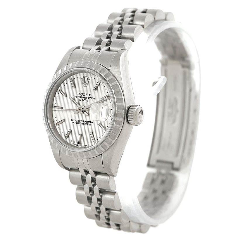 The Rolex Date 79240 Women's Stainless Steel Silver Dial 79240 Women's Stainless Steel Silver Dial model watch is shown at an angle displaying its face, bezel, and part of the bracelet.