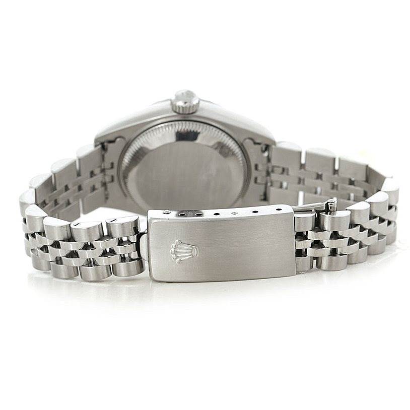 The image shows the back of the Rolex Date 79240 Women's Stainless Steel Silver Dial 79240 Women's Stainless Steel Silver Dial model watch, highlighting its clasp and bracelet.