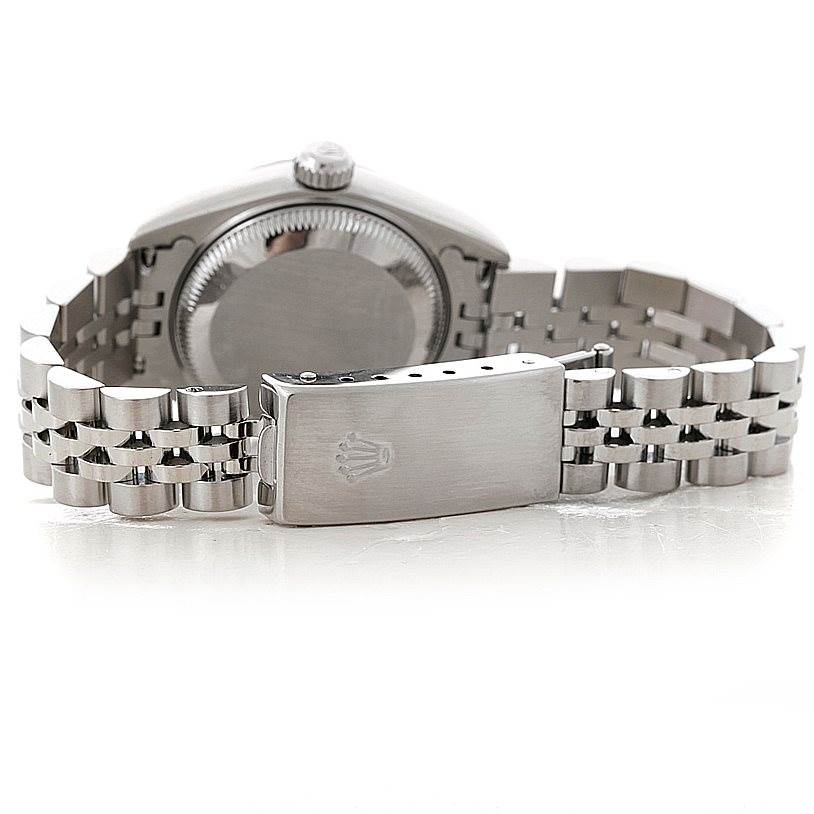 This image shows the back and clasp of a Rolex Date 79240 Women's Stainless Steel Silver Dial 79240 Women's Stainless Steel Silver Dial model watch, emphasizing its jubilee bracelet.