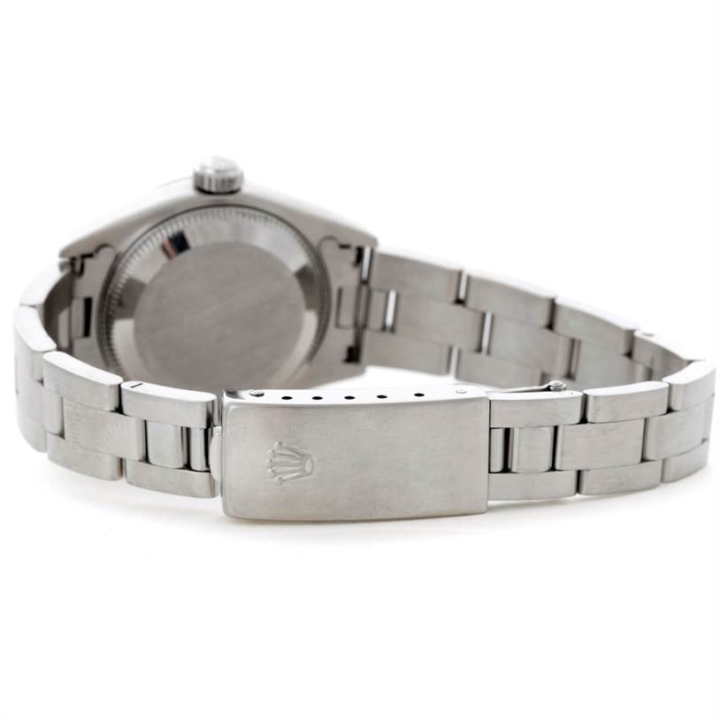 The image shows the back and clasp of a Rolex Date 79190 Women's Stainless Steel Pink Dial 79190 Women's Stainless Steel Pink Dial model watch, emphasizing the stainless steel bracelet and closed case back.