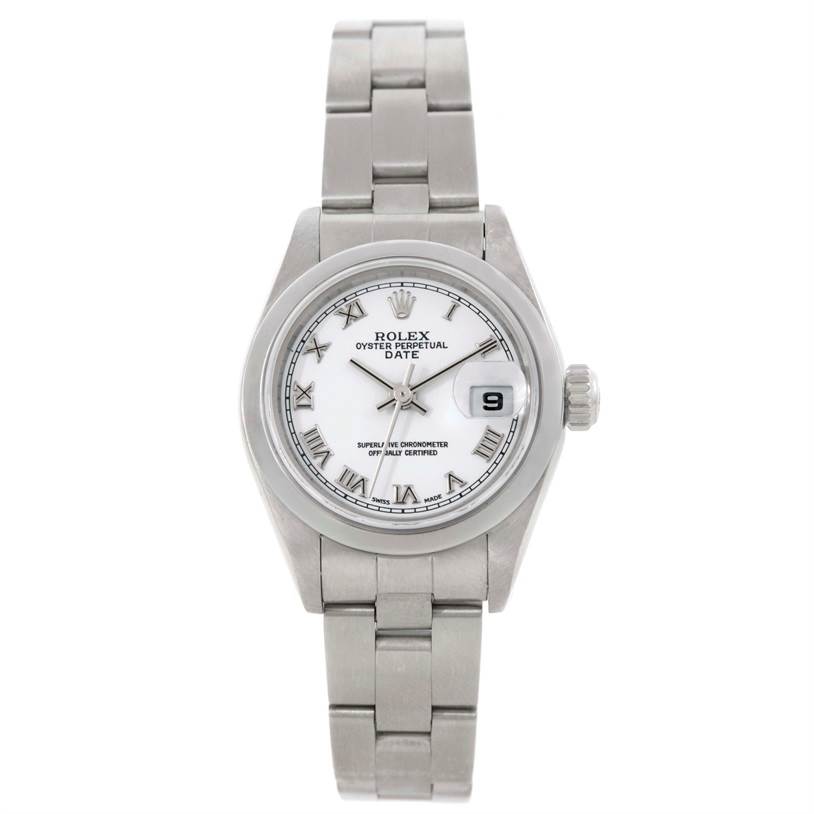 The image shows a front view of a Rolex Date 79160 Women's Stainless Steel White Dial 79160 Women's Stainless Steel White Dial model watch, including the face, band, and crown.
