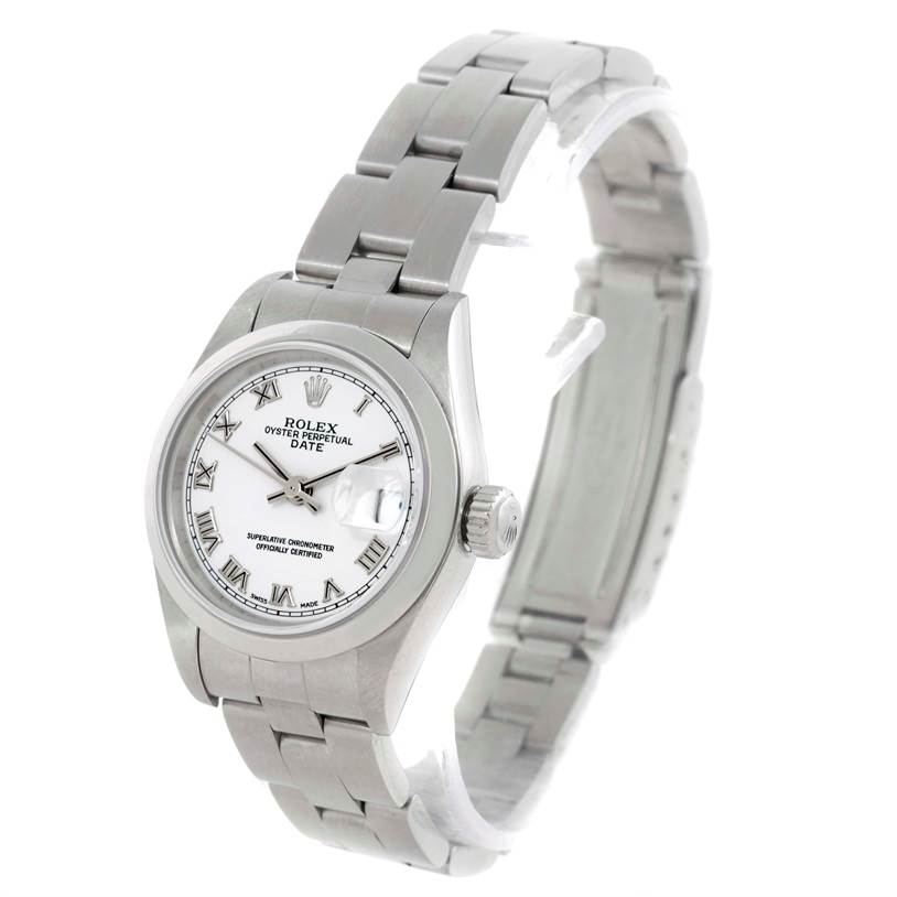 The Rolex Date 79160 Women's Stainless Steel White Dial 79160 Women's Stainless Steel White Dial watch is shown at a three-quarter angle, displaying the dial, bracelet, crown, and clasp.