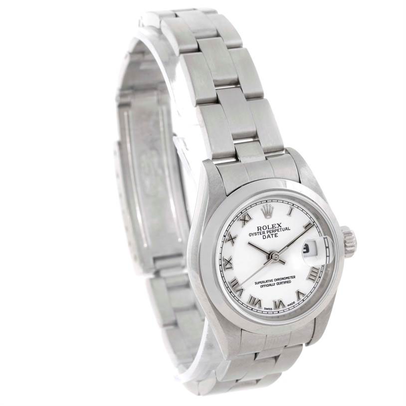 The image shows a Rolex Date 79160 Women's Stainless Steel White Dial 79160 Women's Stainless Steel White Dial model watch from a three-quarter angle, highlighting the bracelet, case, dial, and crown.