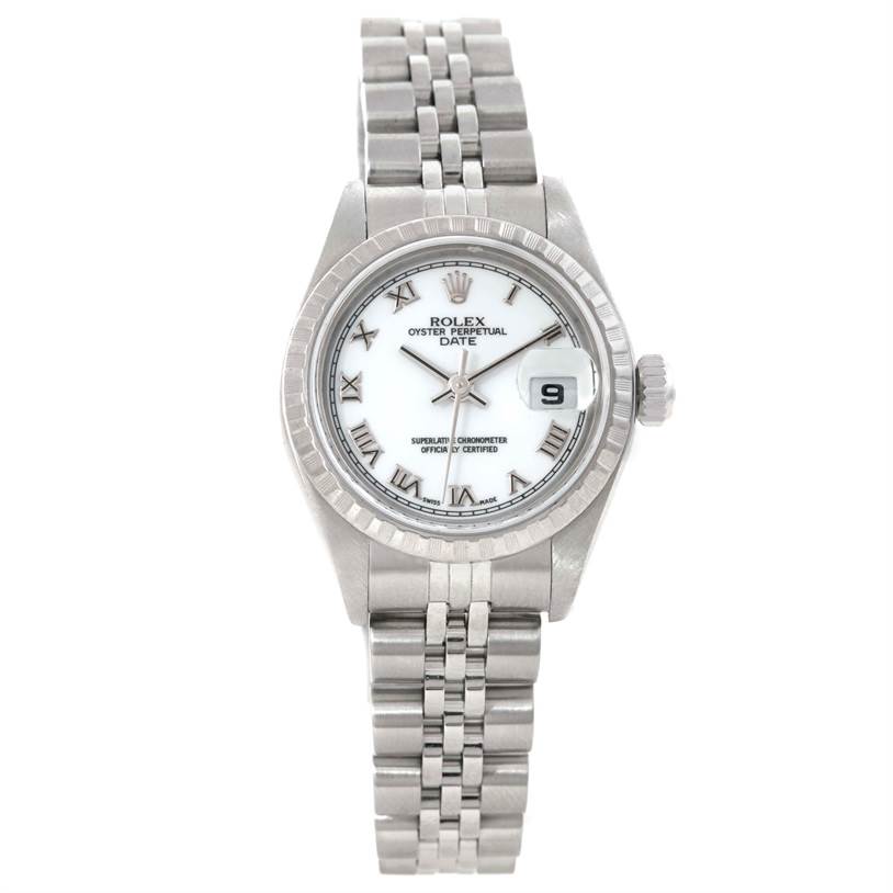 This Rolex Date 79240 Women's Stainless Steel White Dial 79240 Women's Stainless Steel White Dial model watch is shown from the front, highlighting its face, bezel, crown, and bracelet.