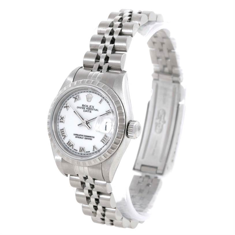 This image shows a Rolex Date 79240 Women's Stainless Steel White Dial 79240 Women's Stainless Steel White Dial model watch at a three-quarter angle, highlighting the dial, bezel, crown, and bracelet.