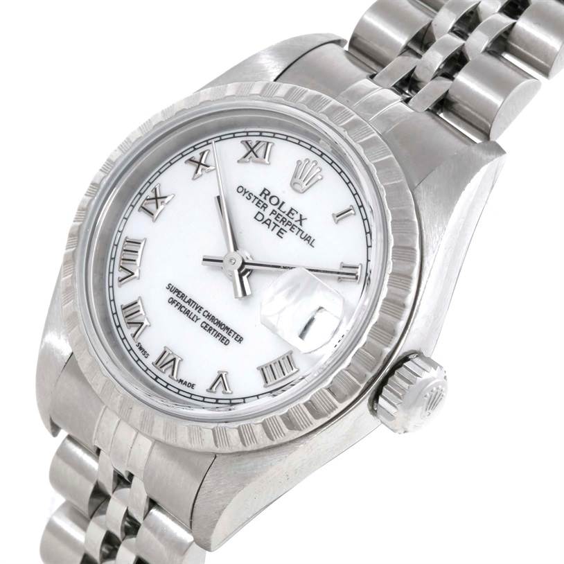 The image shows a close-up view of the Rolex Oyster Perpetual Date watch, highlighting the dial, bezel, crown, and part of the bracelet.