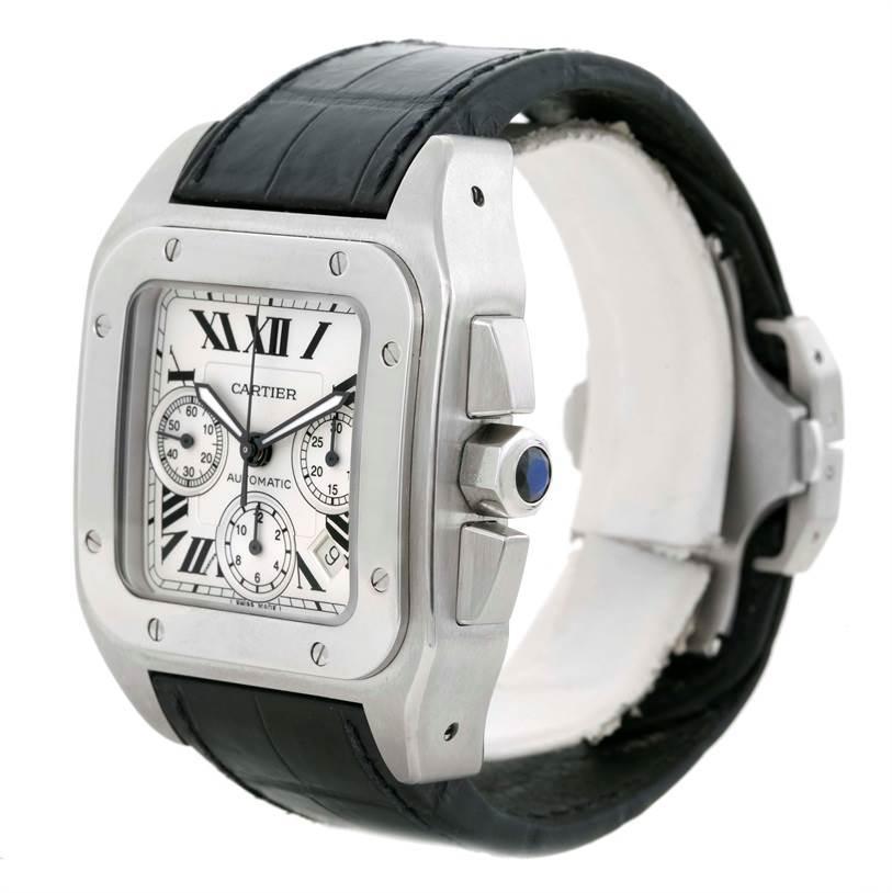 This image shows a side-angle view of the Cartier Santos W20090X8 Stainless Steel Silver Dial W20090X8 Stainless Steel Silver Dial watch, highlighting its face, bezel, crown, and leather strap.