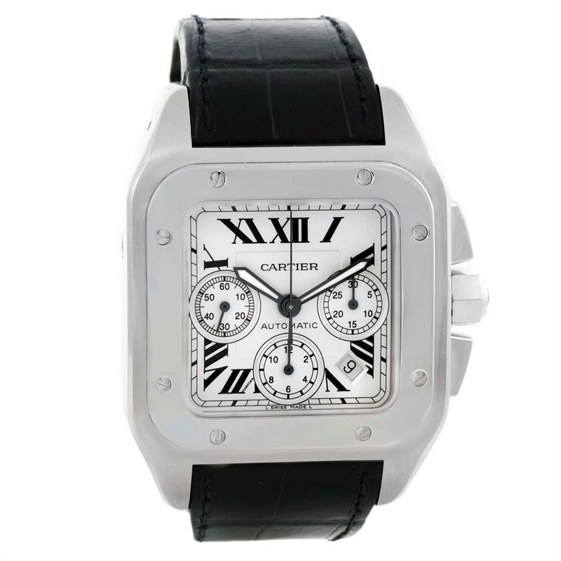 This image shows a frontal view of a Cartier Santos W20090X8 Stainless Steel Silver Dial W20090X8 Stainless Steel Silver Dial watch, displaying the dial, case, and black leather strap.