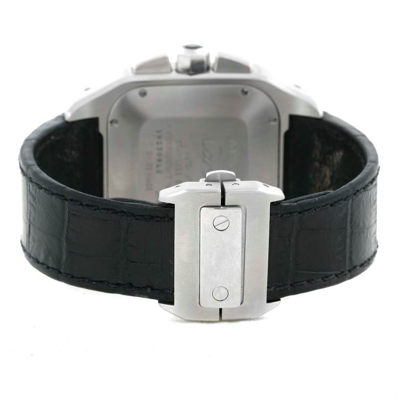 This image shows the back view and clasp of a Santos watch by Cartier.