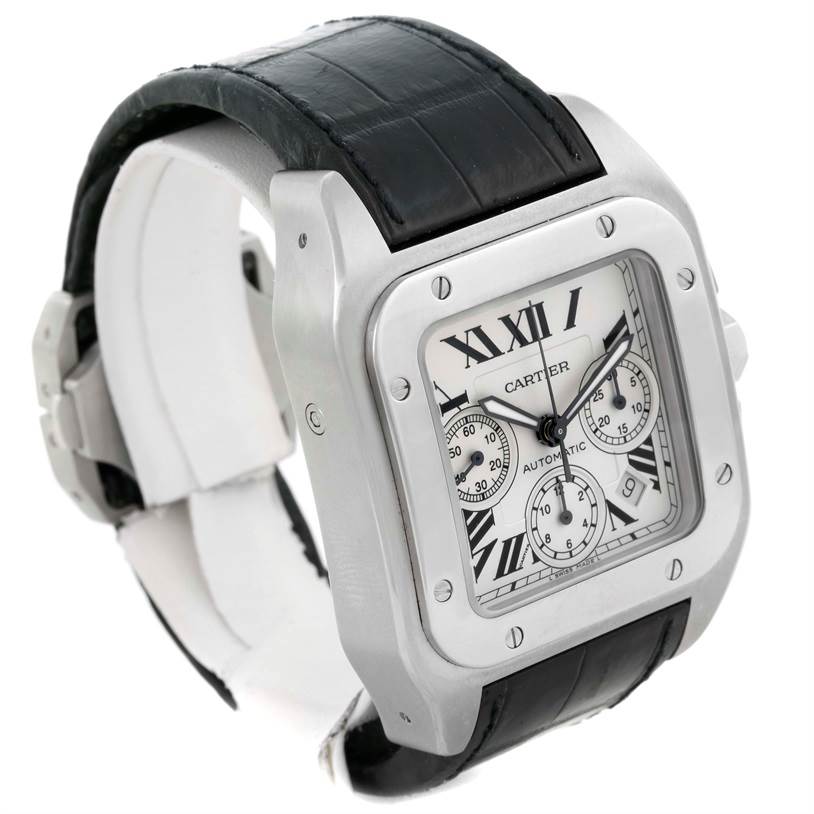 This image shows a Cartier Santos W20090X8 Stainless Steel Silver Dial W20090X8 Stainless Steel Silver Dial watch with a view of the face, bezel, case, and black leather strap angled to the left.