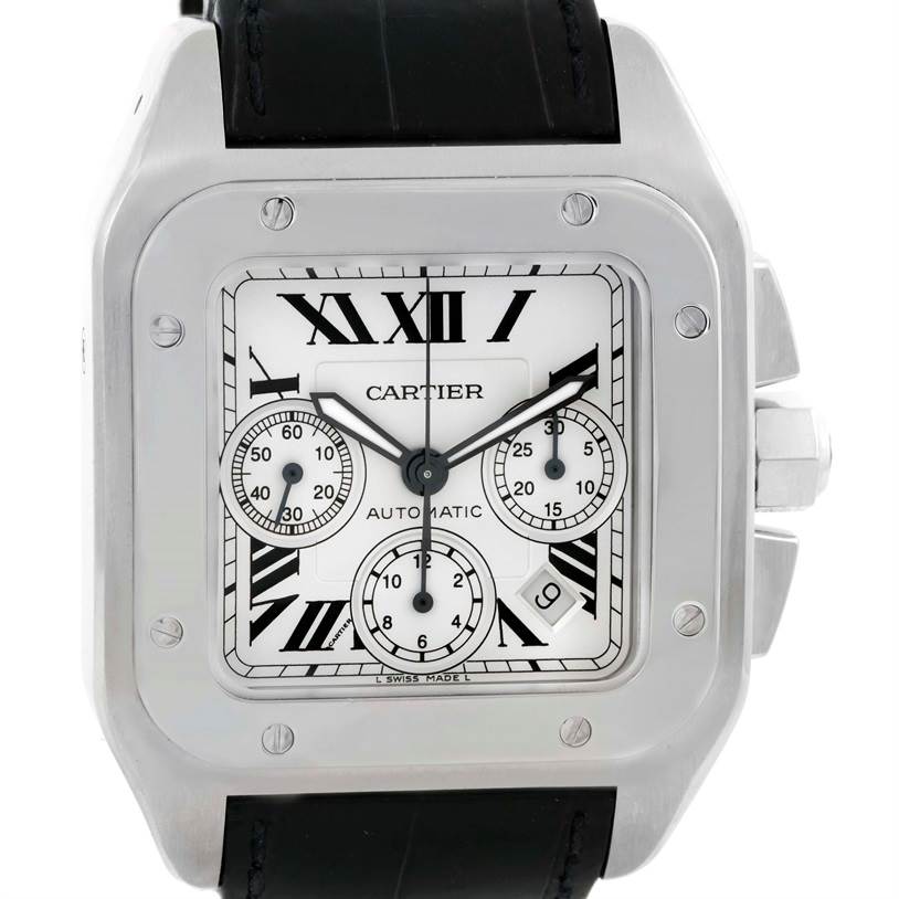 The Cartier Santos W20090X8 Stainless Steel Silver Dial W20090X8 Stainless Steel Silver Dial watch is shown from the front, highlighting its square face with Roman numerals and three subdials.