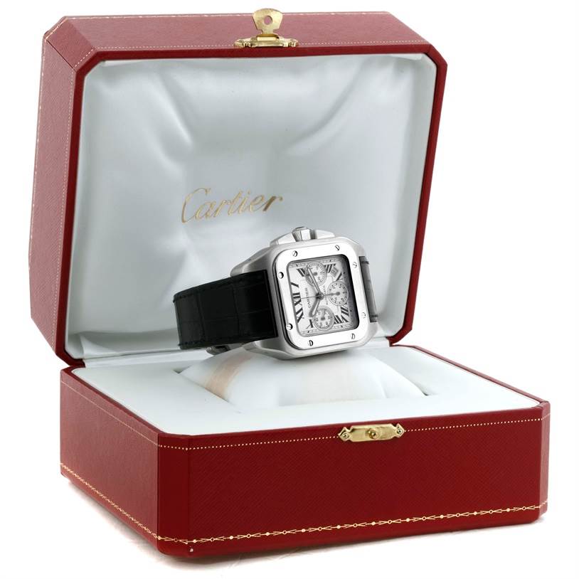 The Cartier Santos W20090X8 Stainless Steel Silver Dial W20090X8 Stainless Steel Silver Dial watch is shown front-facing in an open red Cartier box.