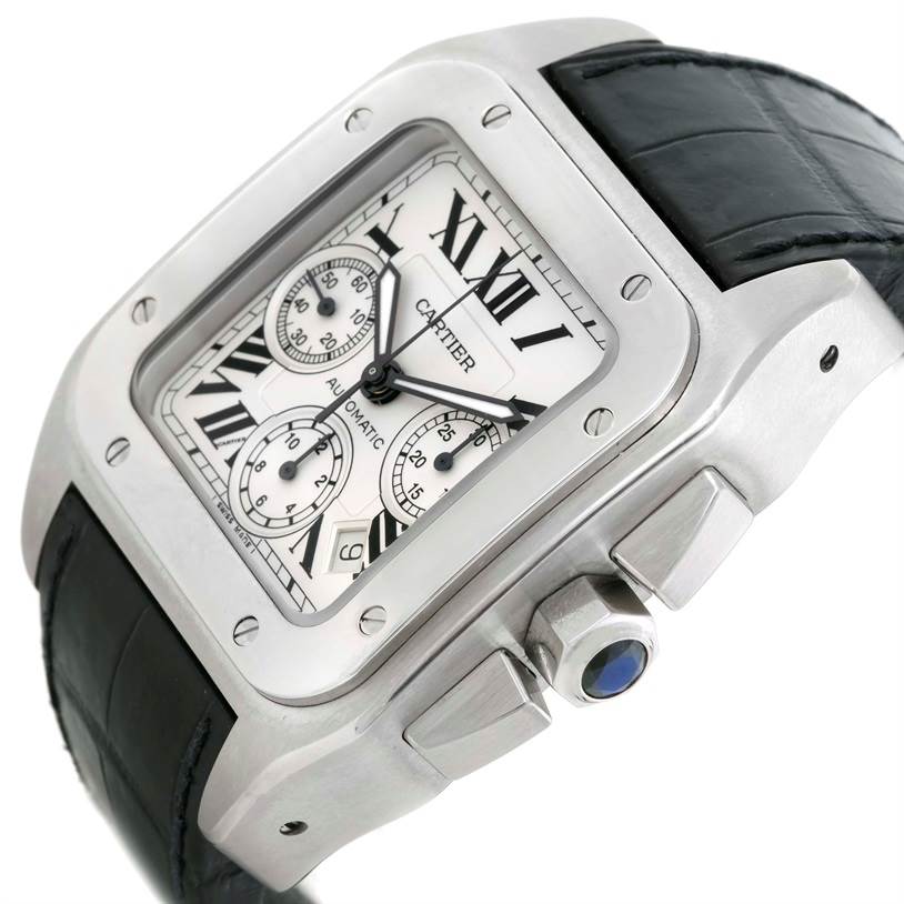 The Cartier Santos W20090X8 Stainless Steel Silver Dial W20090X8 Stainless Steel Silver Dial watch is shown at an angled close-up, highlighting the face, bezel, and part of the leather strap.