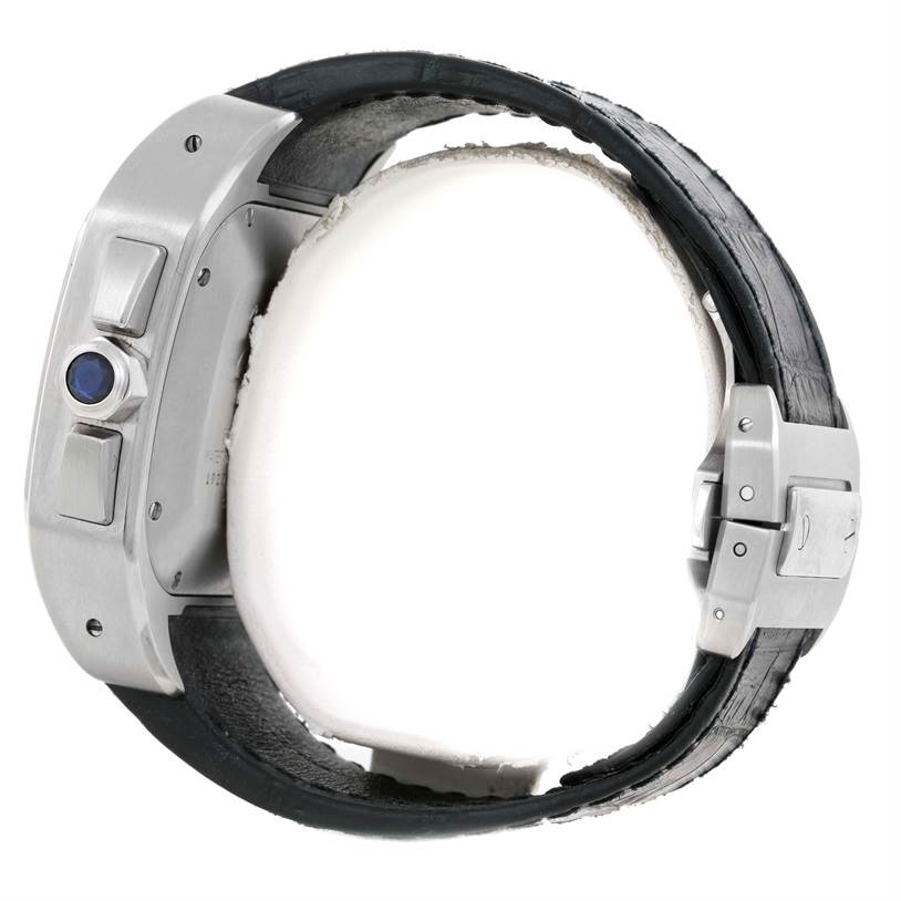 The image shows a side view of the Santos model by Cartier, featuring the crown, case, and part of the strap.