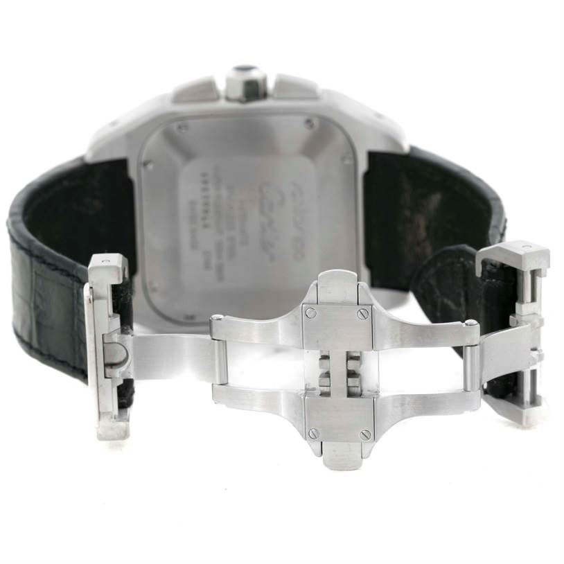 The image shows the back view of a Cartier Santos W20090X8 Stainless Steel Silver Dial W20090X8 Stainless Steel Silver Dial watch, highlighting the case back and the deployment clasp of the strap.