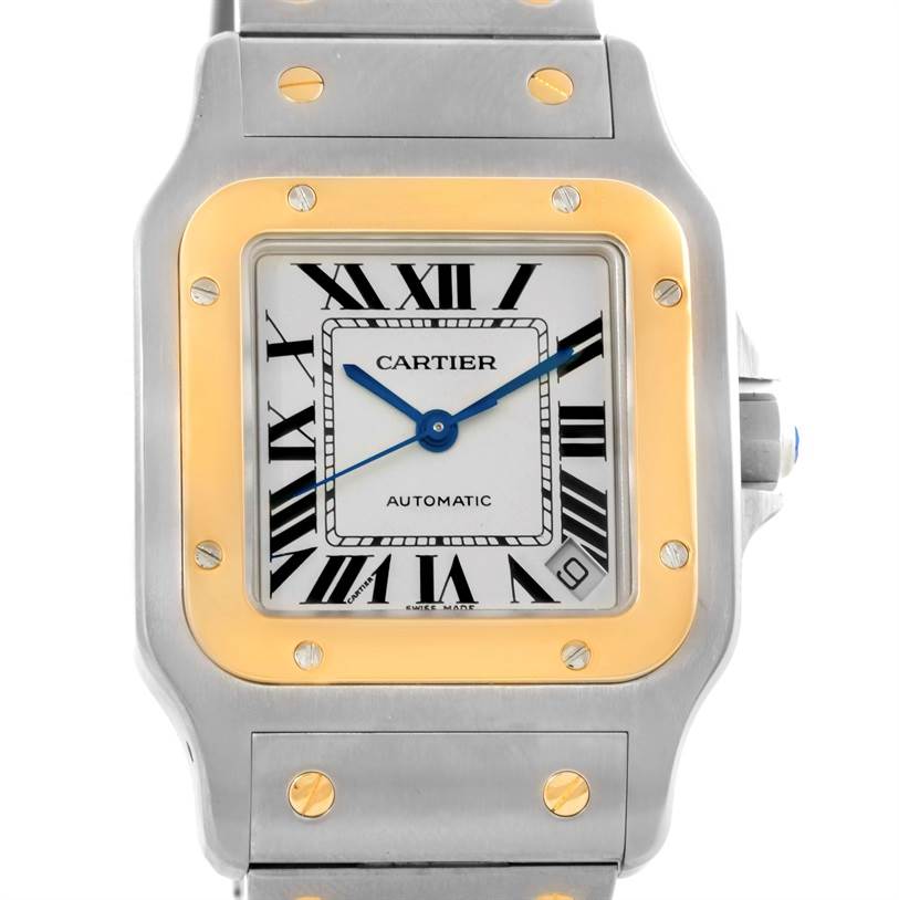 The image shows a front view of the Cartier Santos W20099C4 Men
s Stainless Steel Silver Dial W20099C4 Men
s Stainless Steel Silver Dial watch, highlighting the dial, bezel, and part of the bracelet.