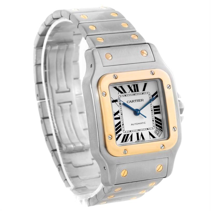This image shows a Cartier Santos W20099C4 Men
s Stainless Steel Silver Dial W20099C4 Men
s Stainless Steel Silver Dial watch from a front angle, displaying the face, bezel, and part of the bracelet.