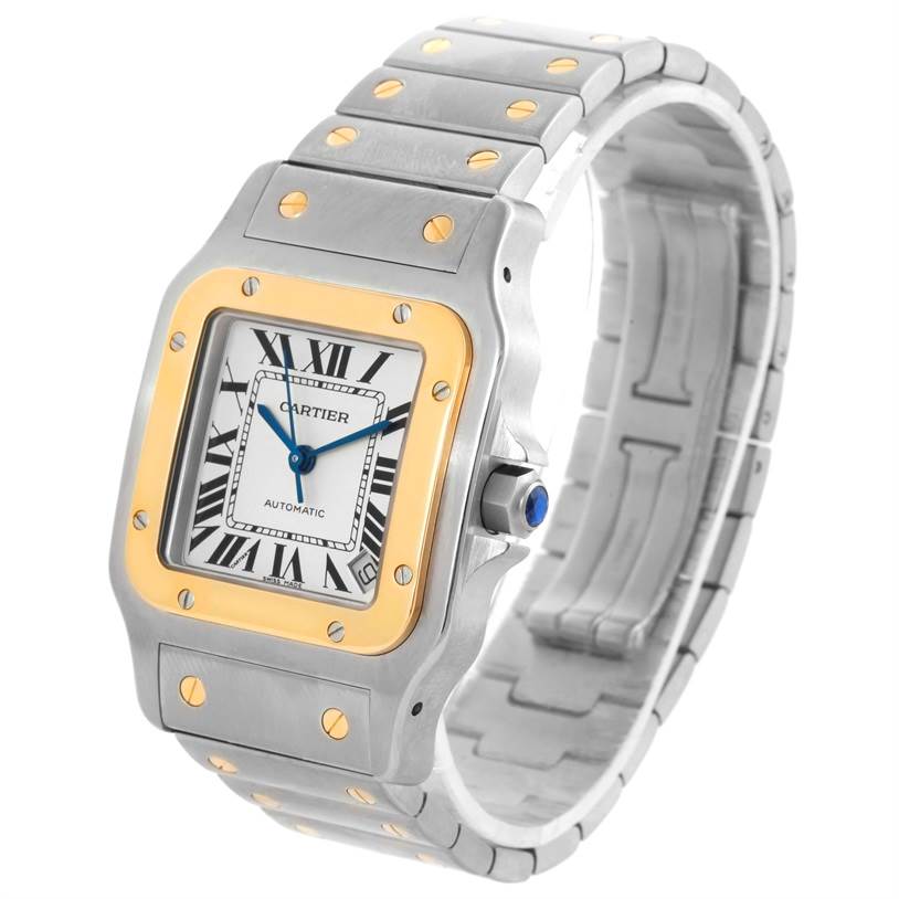 The image shows a Cartier Santos W20099C4 Men
s Stainless Steel Silver Dial W20099C4 Men
s Stainless Steel Silver Dial watch at a three-quarter angle, highlighting its face, bezel, and bracelet.