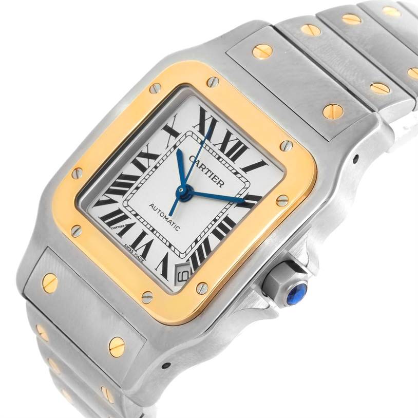 This image shows a side angle of the Cartier Santos W20099C4 Men
s Stainless Steel Silver Dial W20099C4 Men
s Stainless Steel Silver Dial model watch, highlighting the bezel, dial, and part of the bracelet.