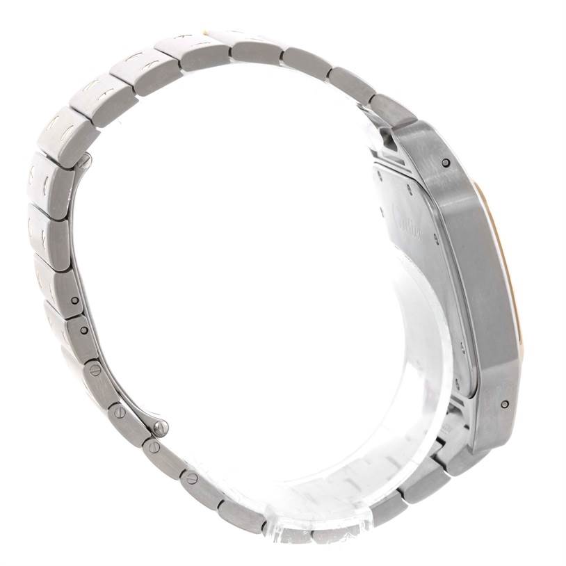 This image shows a side view of the Santos model watch by Cartier, focusing on the bracelet and case.