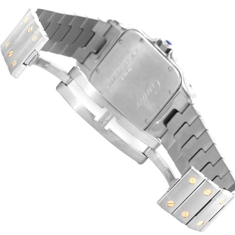The image shows the clasp and back of the watch case of a Cartier Santos W20099C4 Men
s Stainless Steel Silver Dial W20099C4 Men
s Stainless Steel Silver Dial model watch from a rear angle.