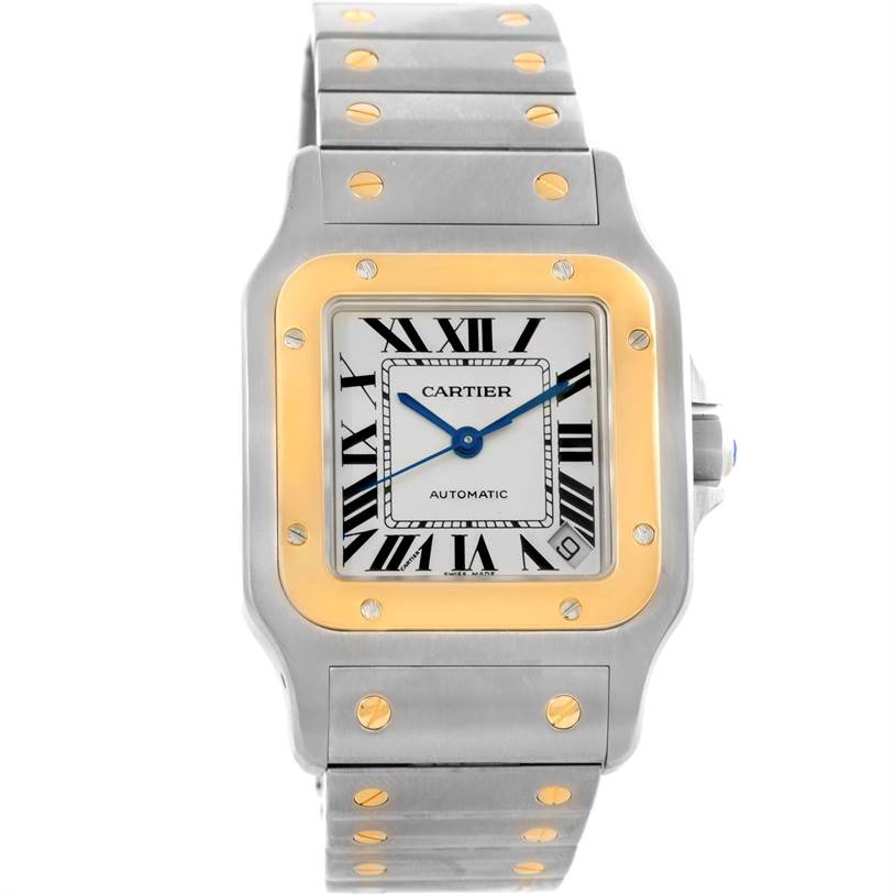 The image shows a front view of the Cartier Santos W20099C4 Men
s Stainless Steel Silver Dial W20099C4 Men
s Stainless Steel Silver Dial watch, highlighting its face and metal bracelet.