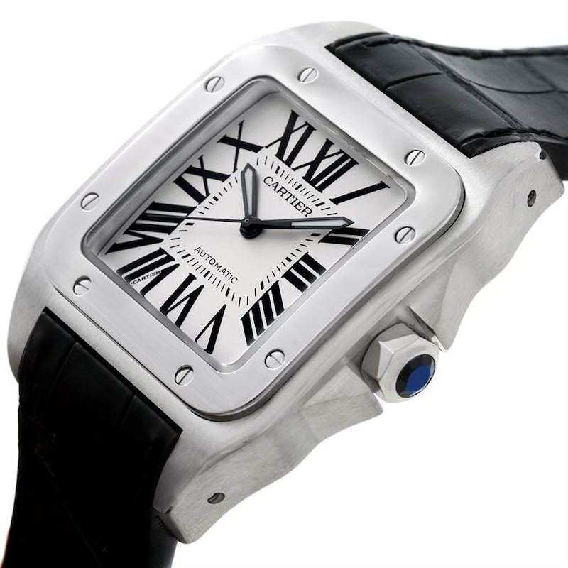 Cartier Santos 100 Stainless Black Strap Mens Watch W20073X8 Unworn SwissWatchExpo