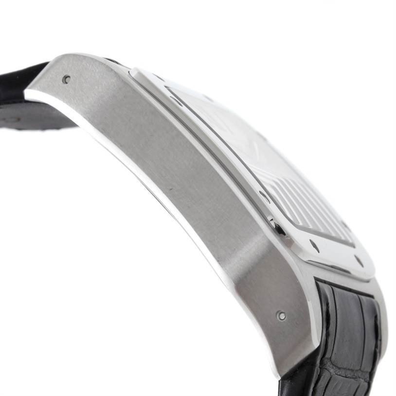 The image shows a side view of the Santos model by Cartier, focusing on the case and part of the leather strap.