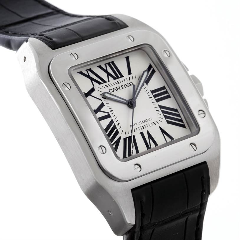 This image shows a side angle of the Cartier Santos W20073X8 Men's Stainless Steel Silver Dial W20073X8 Men's Stainless Steel Silver Dial watch, highlighting its case, dial, and black leather strap.