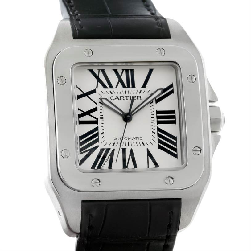 Cartier Santos 100 Stainless Black Strap Mens Watch W20073X8 Unworn ...
