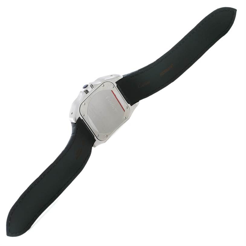 This image shows the backside and strap of a Santos watch by Cartier, with an emphasis on the case back.