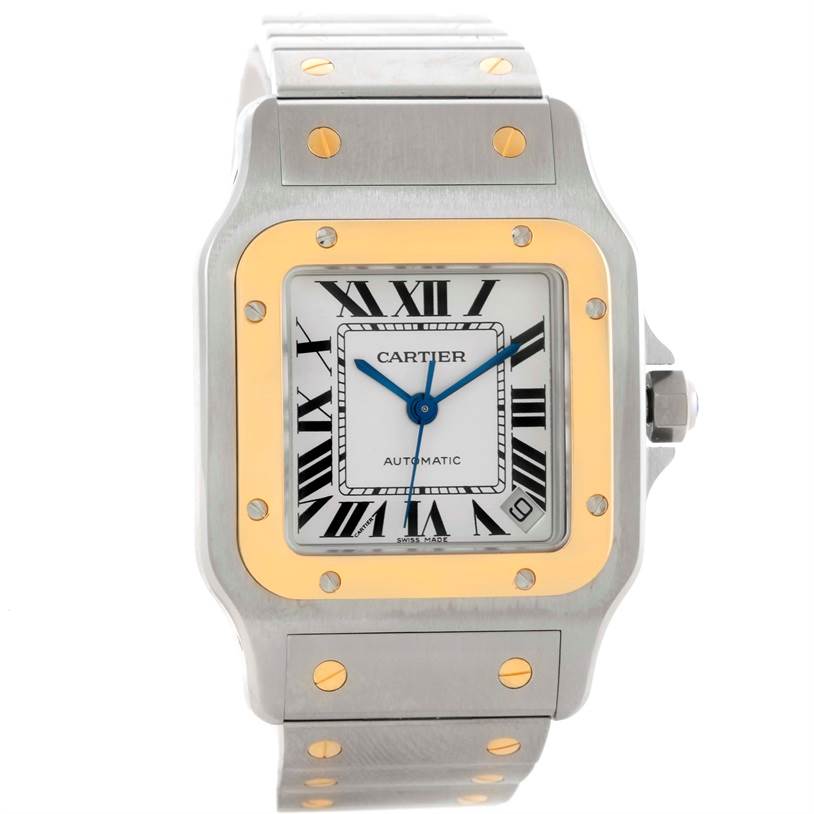 The image shows a front view of a Cartier Santos W20099C4 Men
s Stainless Steel Silver Dial W20099C4 Men
s Stainless Steel Silver Dial watch, highlighting the dial, bezel, case, and part of the bracelet.