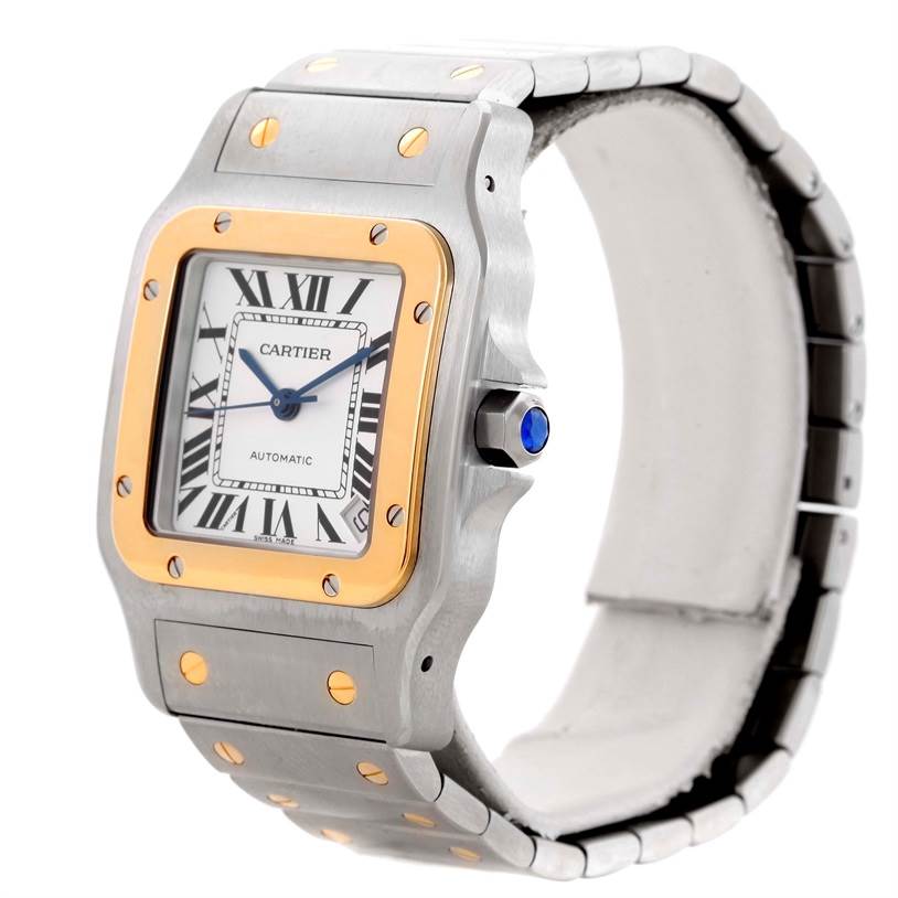 The image shows a side angle of a Cartier Santos W20099C4 Men
s Stainless Steel Silver Dial W20099C4 Men
s Stainless Steel Silver Dial watch, highlighting its face, strap, and crown.