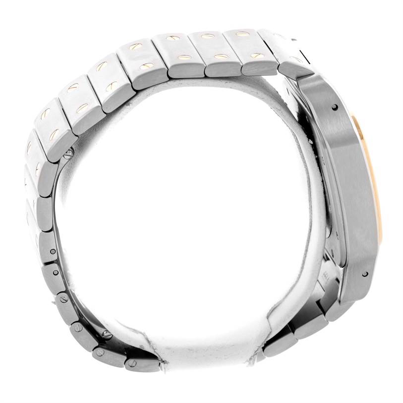 The image shows a side view of the Cartier Santos W20099C4 Men
s Stainless Steel Silver Dial W20099C4 Men
s Stainless Steel Silver Dial watch, highlighting its bracelet and case.