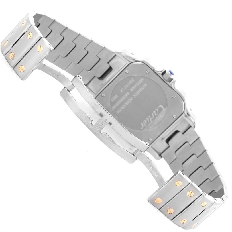 The image shows a rear view of the bracelet and clasp of a Cartier Santos W20099C4 Men
s Stainless Steel Silver Dial W20099C4 Men
s Stainless Steel Silver Dial model watch, highlighting the case back and metal links.