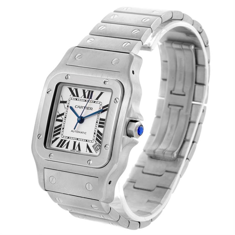 This image features a Cartier Santos W20098D6 Men
s Stainless Steel Silver Dial W20098D6 Men
s Stainless Steel Silver Dial watch, showing the face, bezel, crown, and metal bracelet from an angled side view.